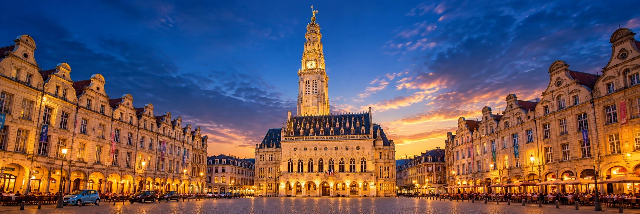 La Grand'Place d'Arras et son beffroi au crépuscule, façades flamandes éclairées